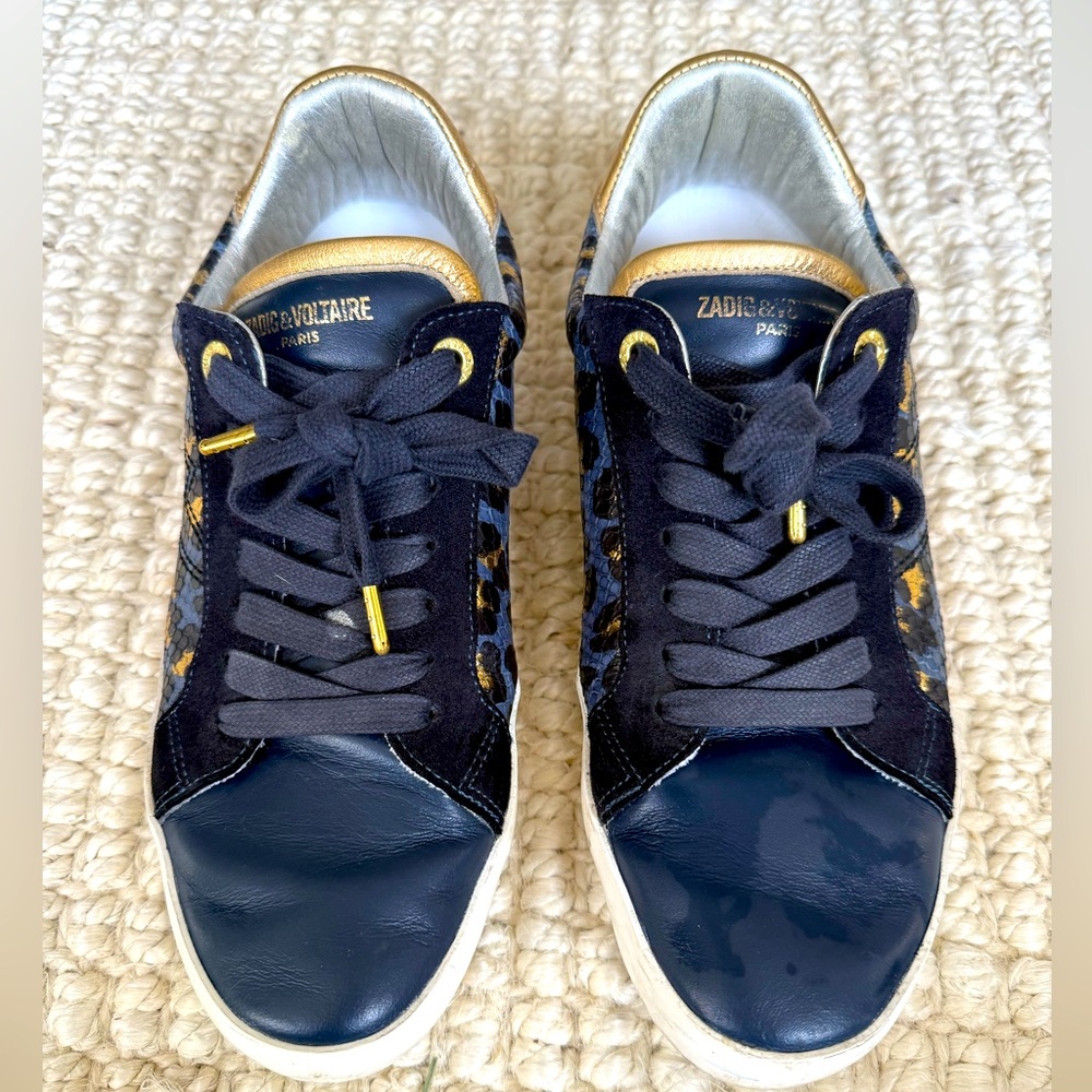 Zadig & Voltaire navy gold and black leopard print leather sneakers size 41